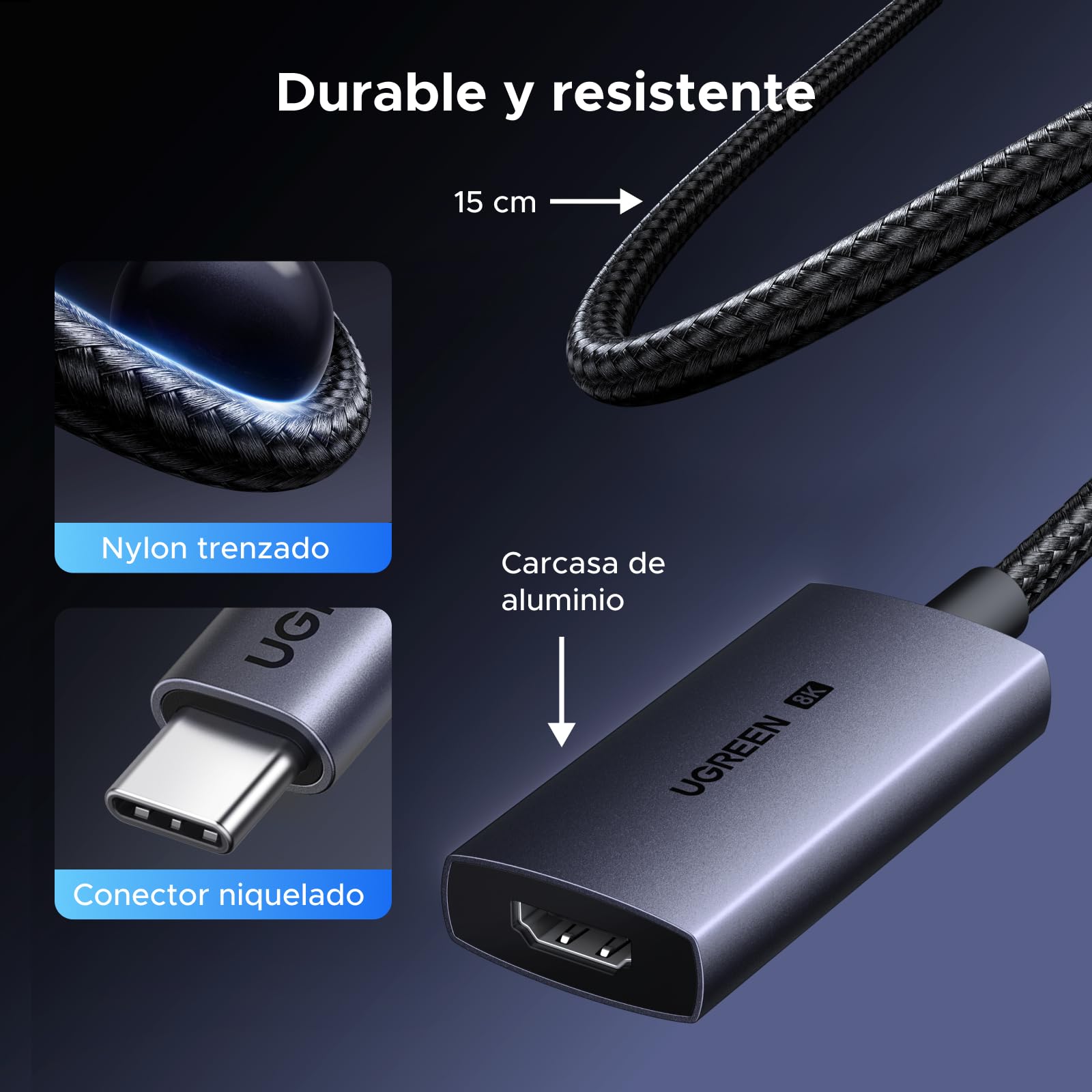 UGREEN Adaptador USB C a HDMI Hembra 8K 60Hz 48 Gbps Compatible con iPhone 17 Pro MAX Air iPhone 16 Plus Pro MAX MacBook M4 M3 iPad Air Galaxy S25 S24 Ultra Cable Tipo C a HDMI 2.1 Thunderbolt 4 3