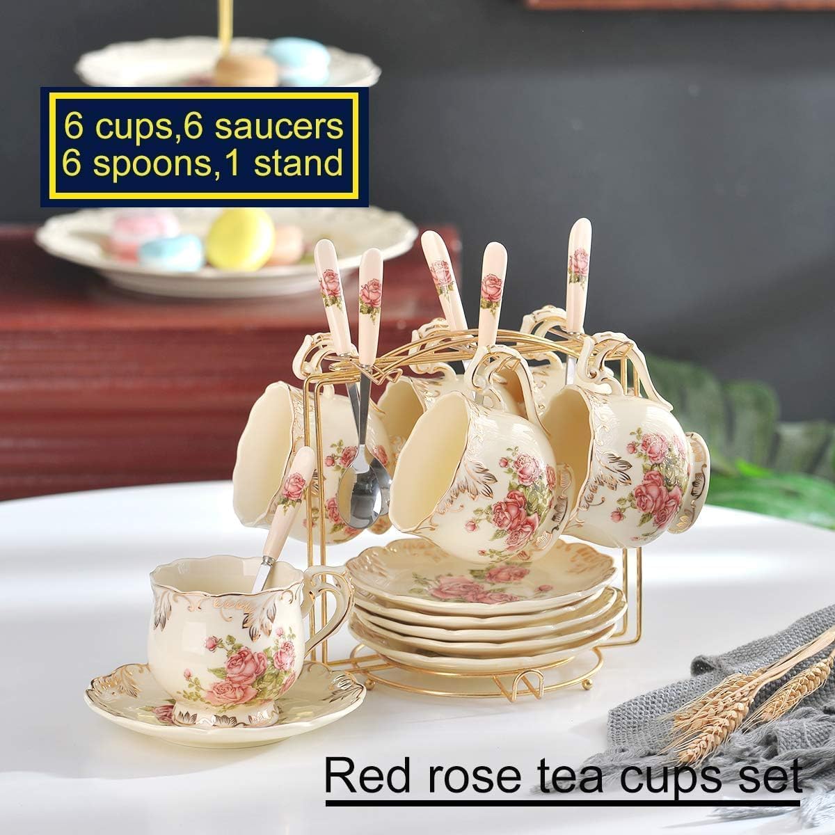 Tea Cups and Saucers Set of 6, 8 Oz Ivory Porcelain Teacups with Pink Rose Floral Pattern, Trim Vintage European Style Teacup Sets with Spoons for Afternoon Tea & Home Entertaining