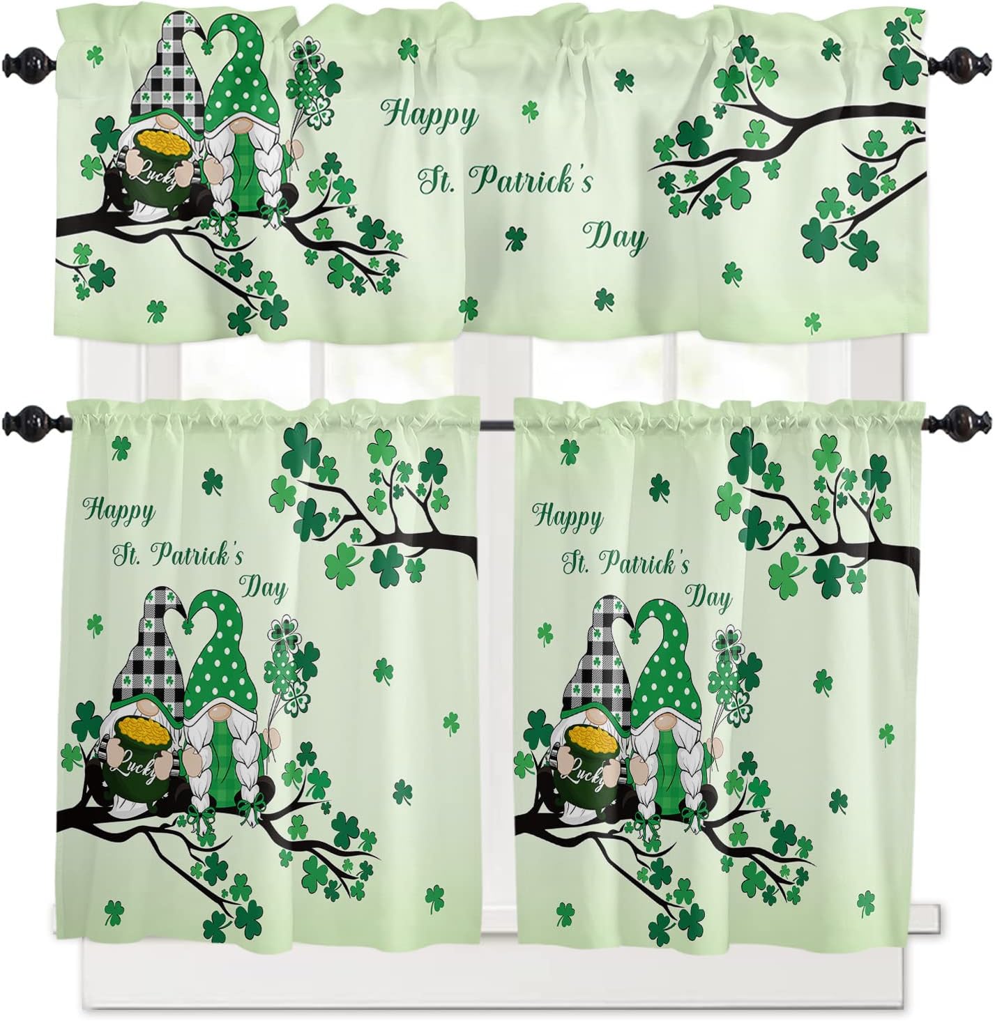 St. Patrick's Day Kitchen Curtains and Valances Set, Green Lucky Clover Tree Gnomes Rod Pocket Tier 36 Inch, Green Ombre Valances for Windows Living Room/Bedroom/Cafe