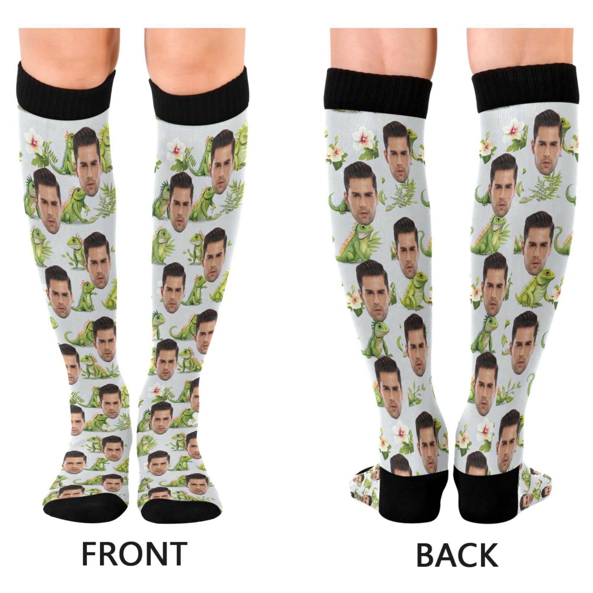 Custom Face Soccer Socks For Women & Men Support for Nurses,Running,Athletic,Travel Father's Day Gifts Men01 Cartoon Cute Green Iguana Reptile Gray
