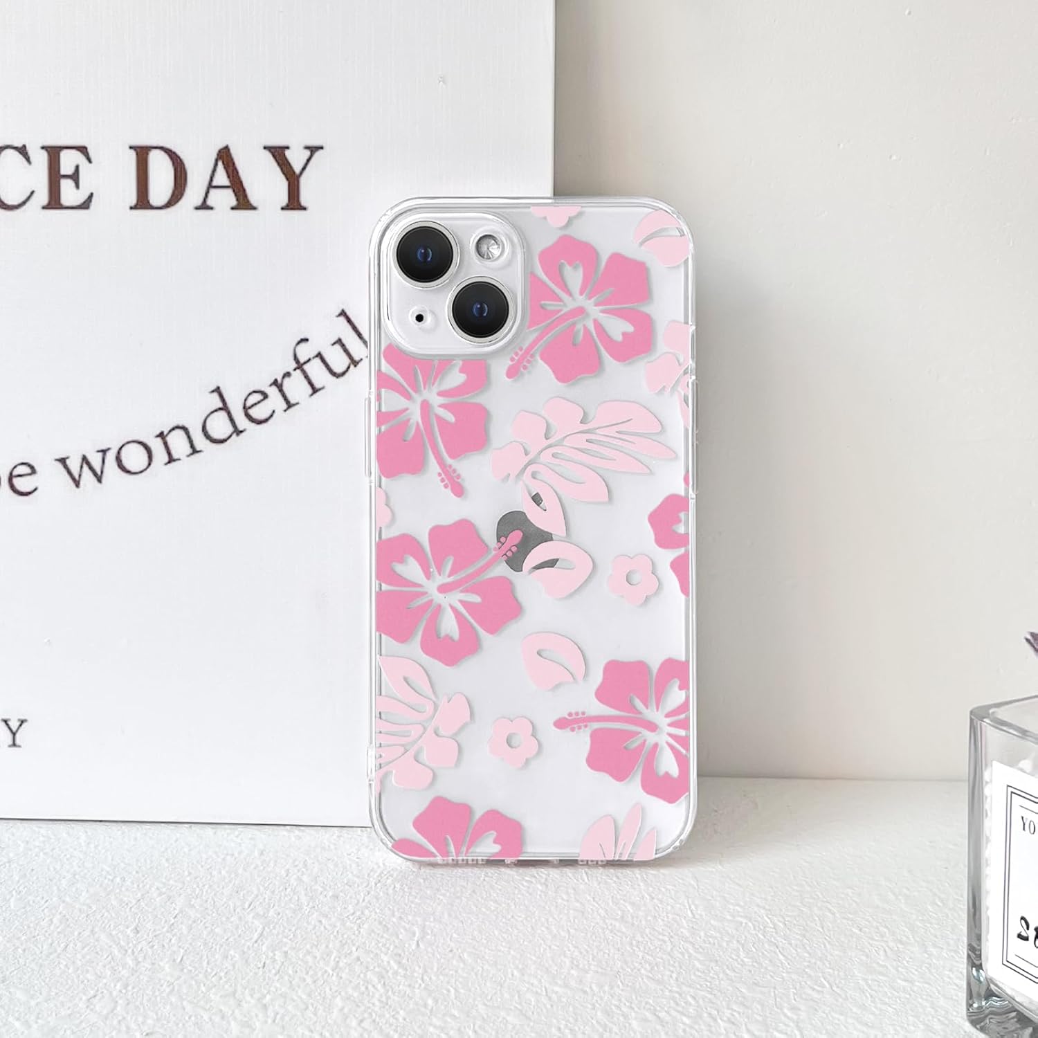 NITITOP Compatible with iPhone 14 Case Cute Clear Aesthetic Floral Flower Hibiscus Pattern for Girls Women Soft TPU Full Camera Lens Shockproof Protective Phone Cover - Pink - Image 3