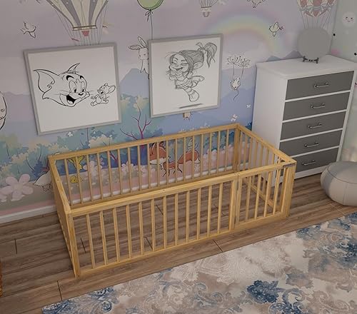 Miniatura 4 de Montessori Floor Bed with Door for Toddler Crib Size 27.5'' x 53''  Pine Wood Natural Solid Frame Bed  Sturdy Design Floor Bed Frame for Boy and