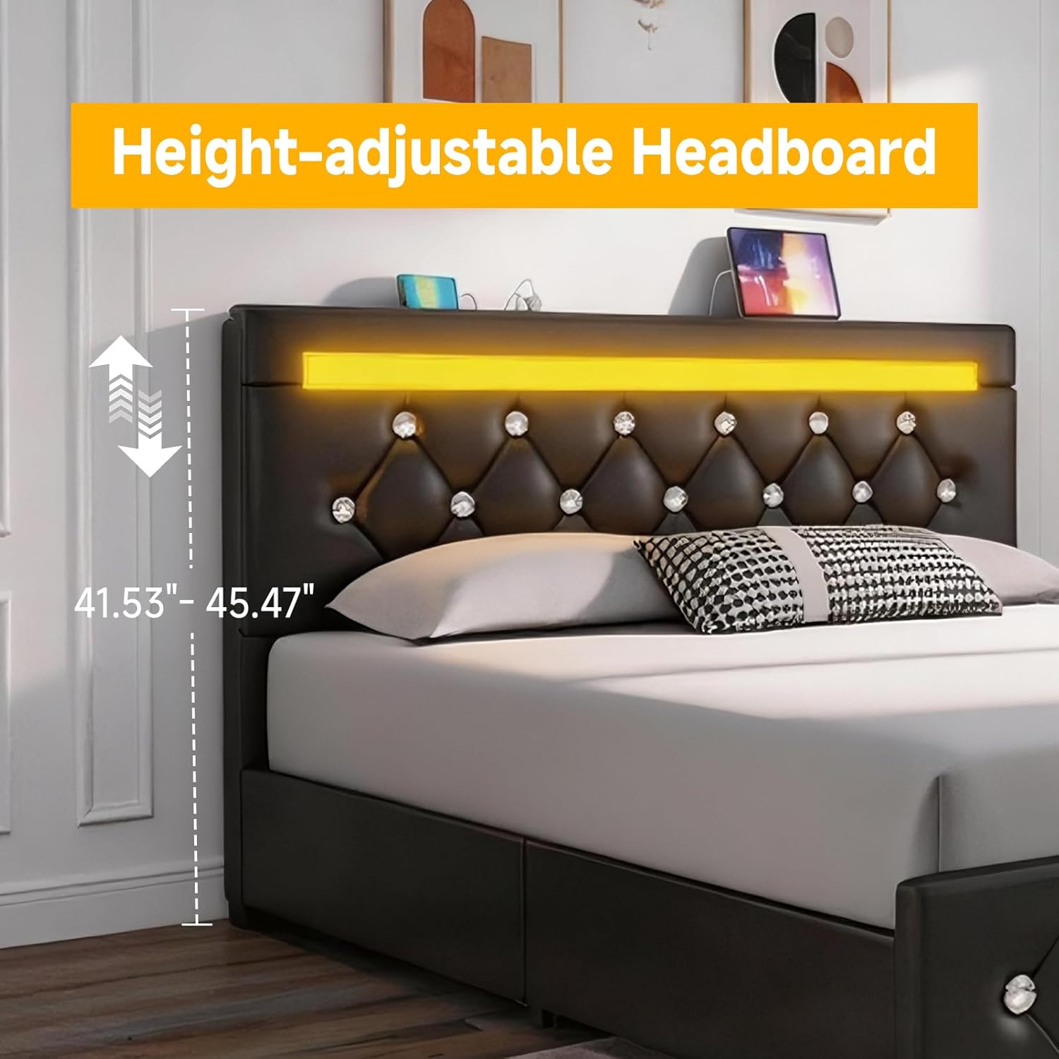 Queen Size Bed Frame, Storage Bed with 4 Drawers and Adjustable Headboard, Upholstered Platform Bed with Handy Charging Station and LED Light, Noise Free, Easy Assembly, No Box Spring Needed, Black