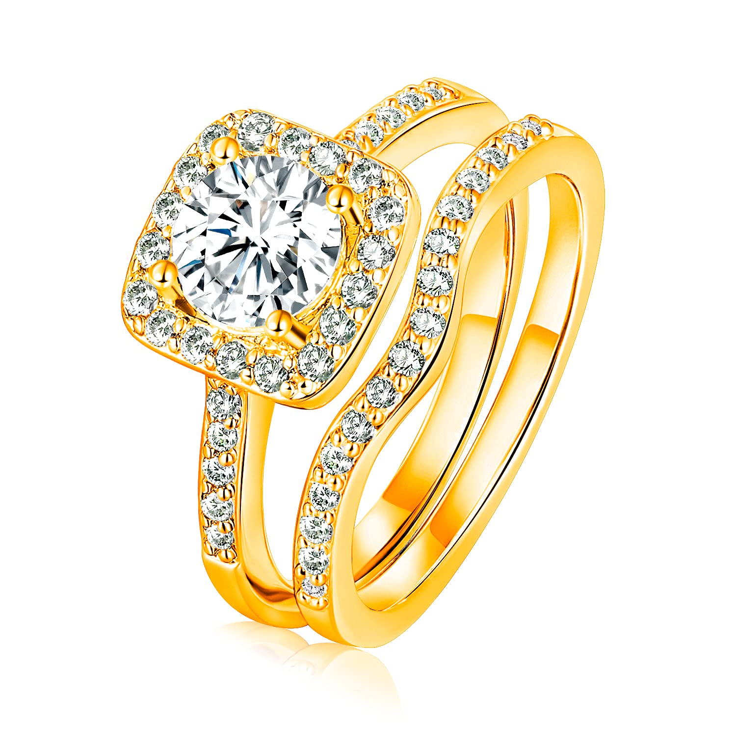 Gemsme 18K Gold Plated Two-in-One Wedding Engagement Eternity Rings Halo Cubic Zirconia Bridal Rings Set