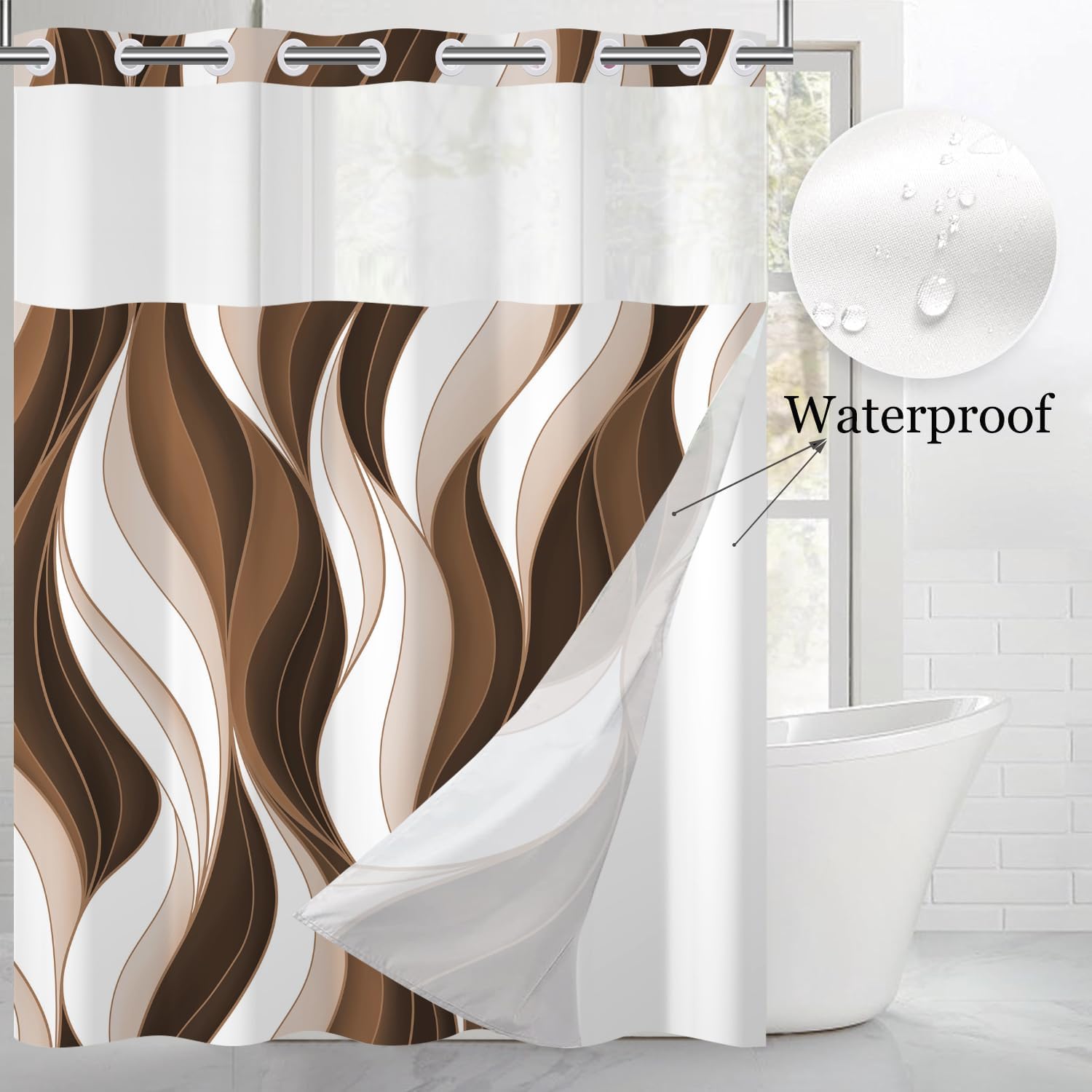 No Hook Shower Curtain with Snap in Liner, Hotel Style Modern Abstract Brown Ombre White Striped Minimalist Art Shower Curtain Waterpoof Washable with See Through Top Window,71"x74"