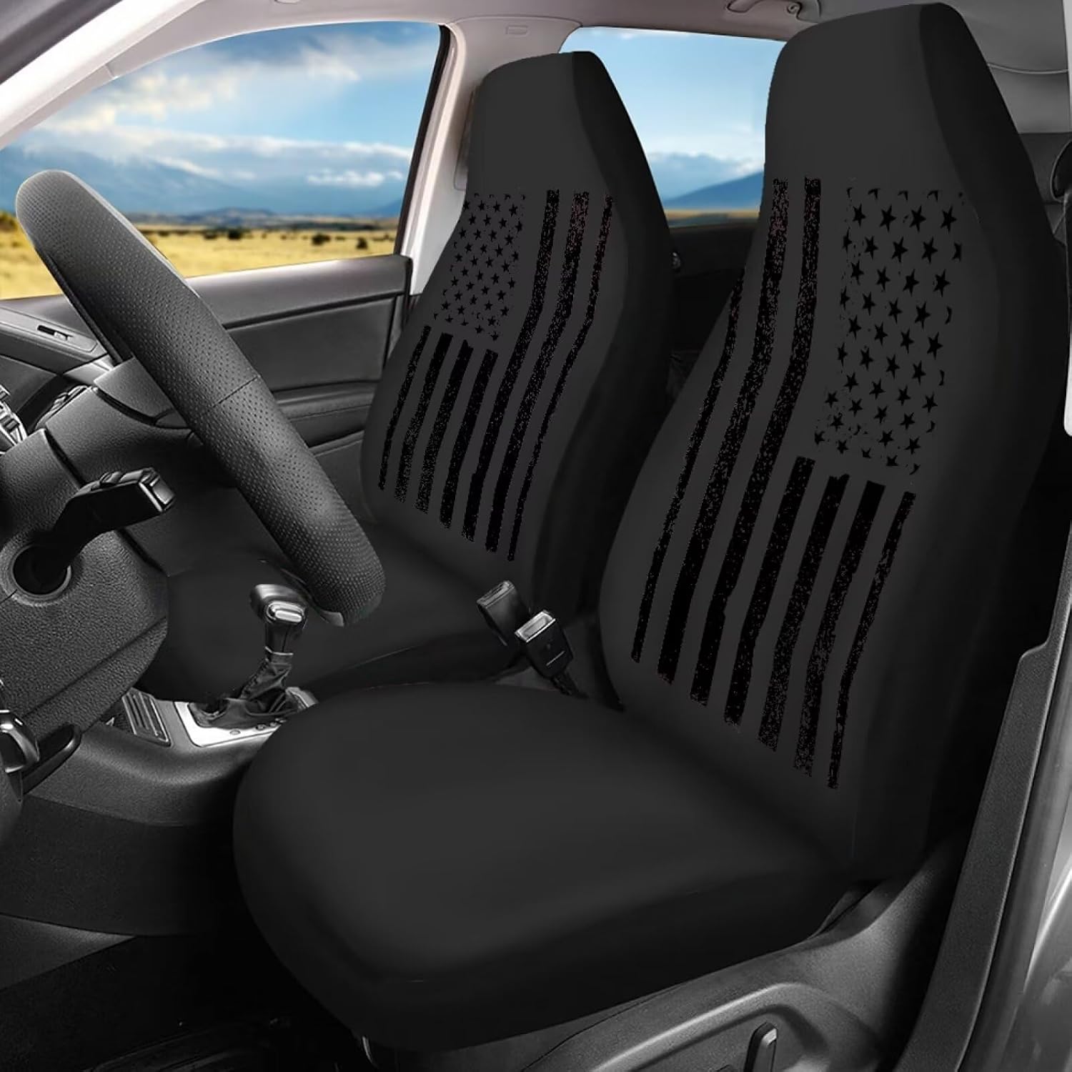 Howilath Gray American Flag Front and Rear Seat Covers Set, Universal Vehicle Seat Cushion Auto Interior Decor Accessories for Vans Trucks, 4th of July