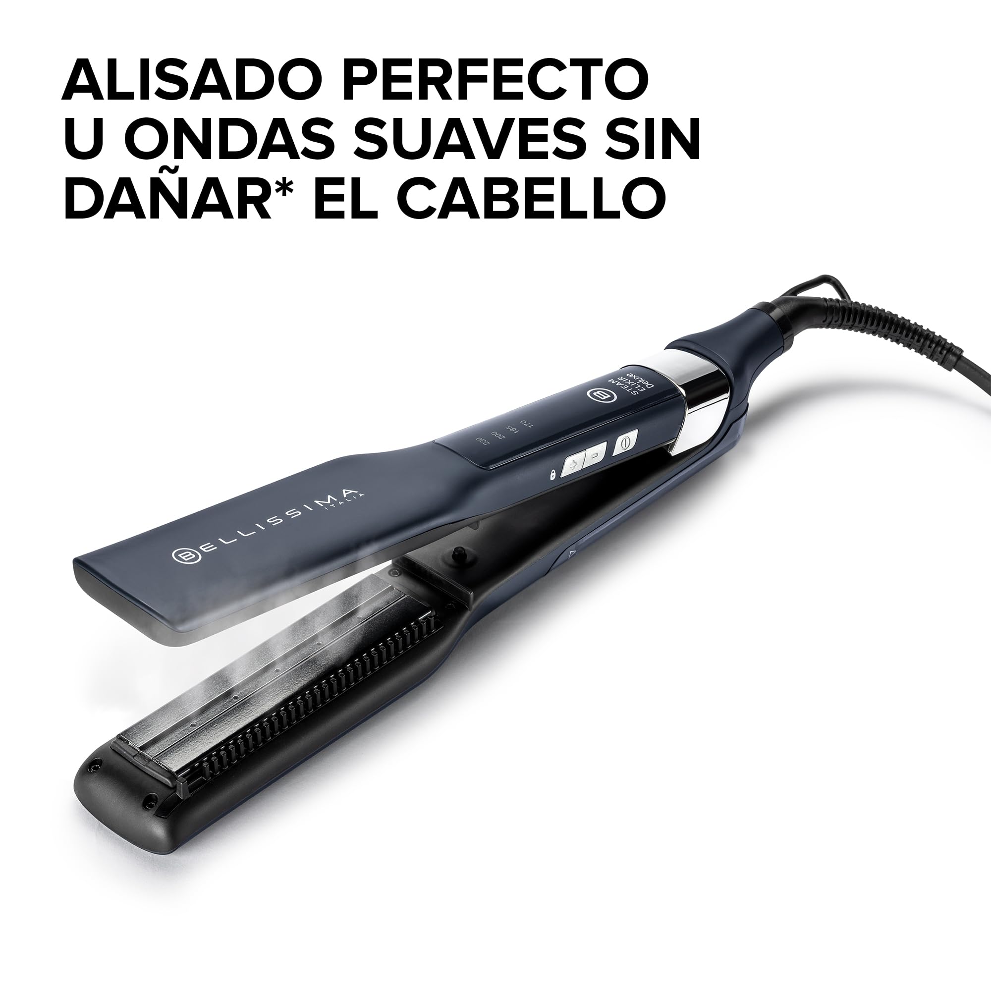 Bellissima Steam Elixir Deluxe Plancha Alisadora, Alisa El Cabello en un Solo Paso sin Dañarlo, Revestimiento de Cerámica y Queratina, Calentamiento Rápido, 4 Temperaturas, Diseño Redondeado