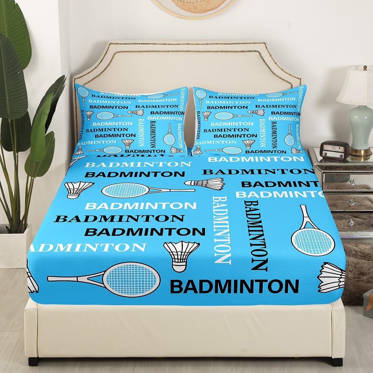 Badminton Boys Fitted Sheets Full Size,Badminton Racket Bedding Set 3Pcs for Kids Teens Men Room Decor,Sport Theme Bed Sheets Fashion Blue White Deep Pocket Sheet,2 Pillowcases