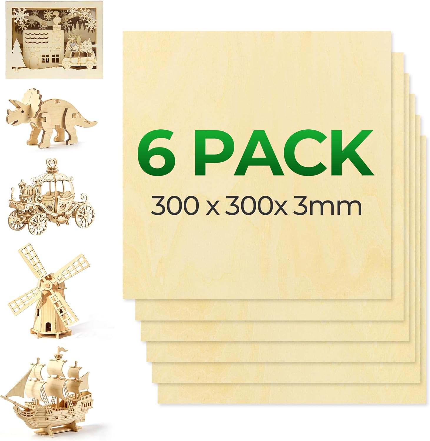 ACMER Birch Plywood Sheets 300x300x3mm, Unfinished Wood for Laser Engraving & Cutting, CNC, DIY Crafts, Compatible with Acmer S1, S2, P1 S PRO, P2 and Other Laser Engravers 6 Pack