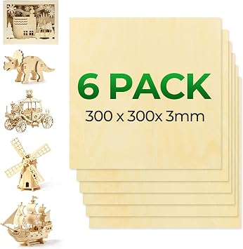 ACMER Linden Plywood Sheets 300x300x3mm, Unfinished Wood for Laser Engraving & Cutting, CNC, DIY Crafts, Compatible with Acmer S1, S2, P1 S PRO, P2 and Other Laser Engravers 6 Pack