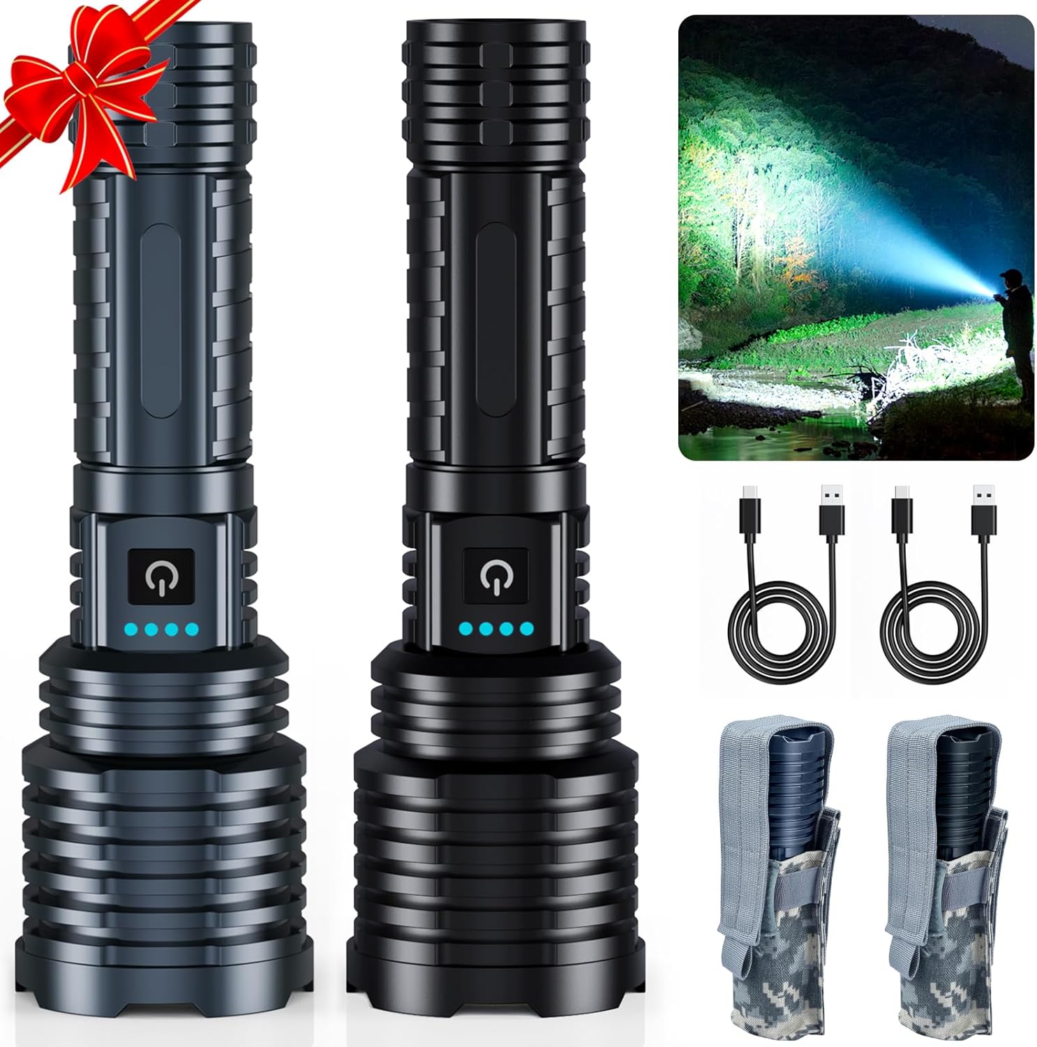 Black&Gray Super Bright Rechargeable LED Flashlights，True High Lumens, Powerful Tactical Flashlight Up to 25H Long Battery Life |Zoomable|5Light Modes|IP67 Water Resistant for Camping