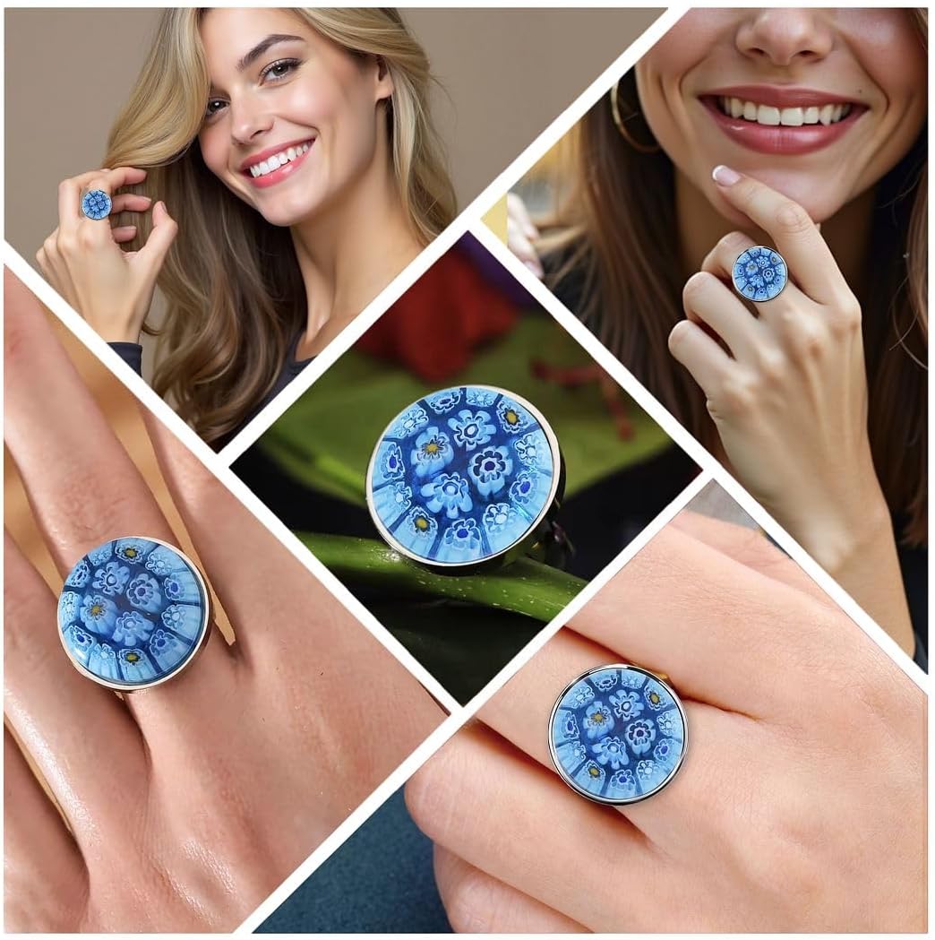Multi Color Murano Style Glass Stainless Steel Flower Ring - Colorfull Floral Cocktail Rings for Women Jewelry - Vintage Cute Statement Anniversary Jewelry - Birthday Gifts for Women