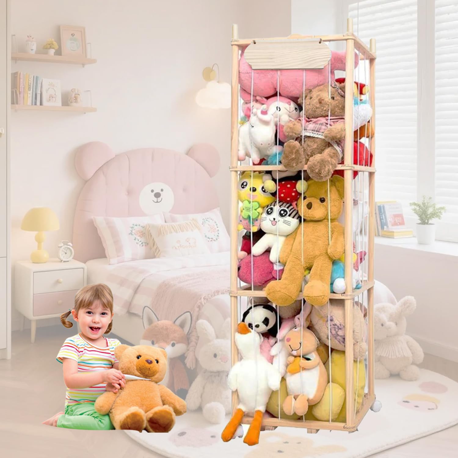 Organizador Peluches En Madera,Organizador Peluches,Guarda Con Reudas a 360°y Frenos,Ahorro De Espacio,Gran Capacidad,Portaositos De Peluche Para Habitaciones Infantiles,Salas De Juegos,Etc.