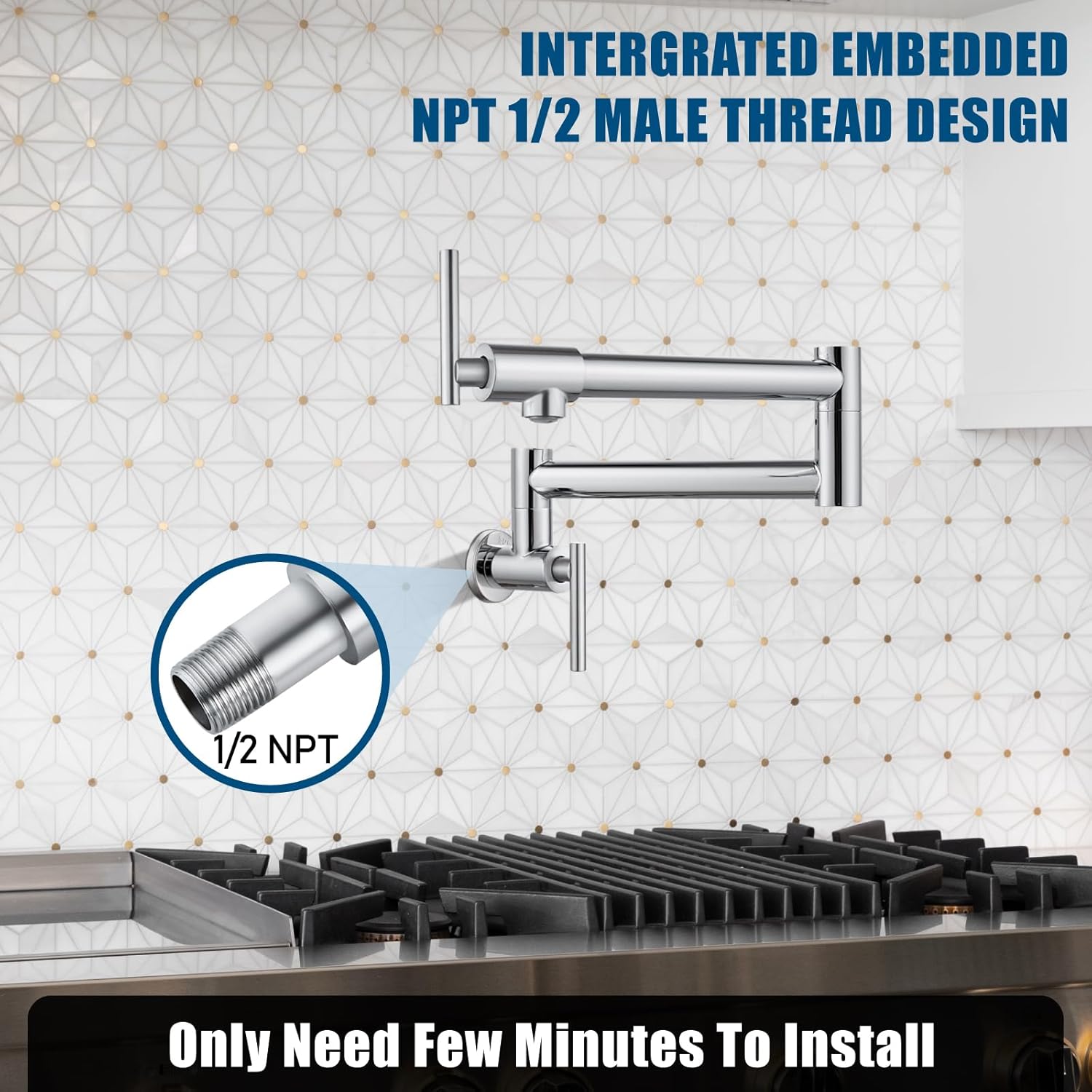 Pot Filler Faucet Wall Mounted Folding Stretchable Kitchen Sink Water Tap with Double Joint Swing Arm Single Hole Two Handles Restaurant Kitchen Faucets, Polish Chrome, T-Shape Handle