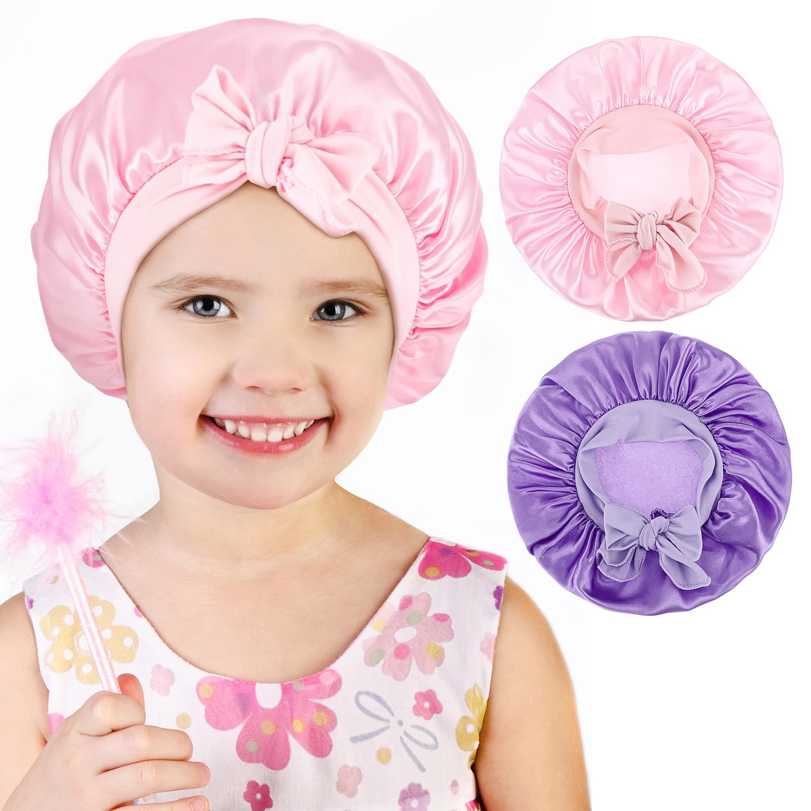 Kurkip Pink 2Pcs Hair Bonnet For Sleeping, Adjustable Elastic Strap Silk Satin Night Sleep Bonnets For Baby & Kids & Toddler( & Purple)