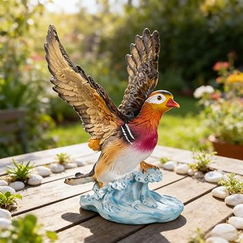 Decorative Flying Bird Figurine,Orange and Red Mandarin Duck Statue with Spread Wings on Blue Wave Base,Spread Bird Garden Statues & Sculptur for Yard Decorations Outdoor