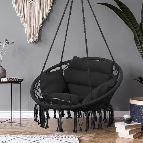 Miniatura 25 de Goutime Silla tipo hamaca, sillas colgantes de macramé con cojín y kit de herramientas, columpios bohemios para adultos para exteriores, patio, Gris