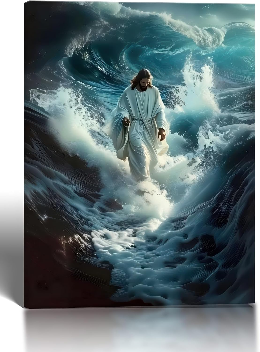 Christian Wall Art, Framed Jesus Walking on Water Canvas Painting, Blue Ocean Religious Inspirational Poster for Church, Living Room, Bedroom, Home Decor – 16x24 Inch Ready to Hang