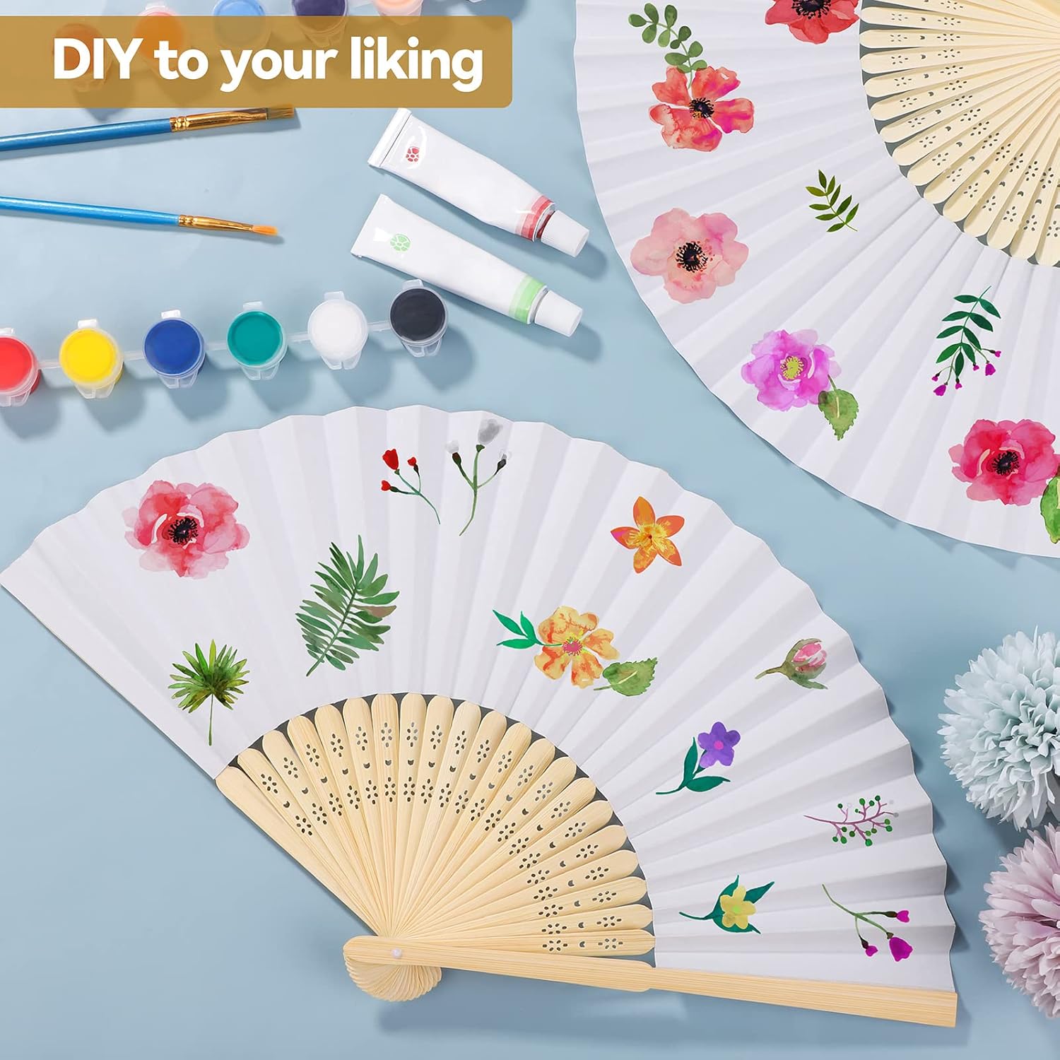 Aneco 48 Pieces Handheld Paper Fans Paper Folding Fans with Bamboos for Wedding Gift, Party, Home, DIY, White