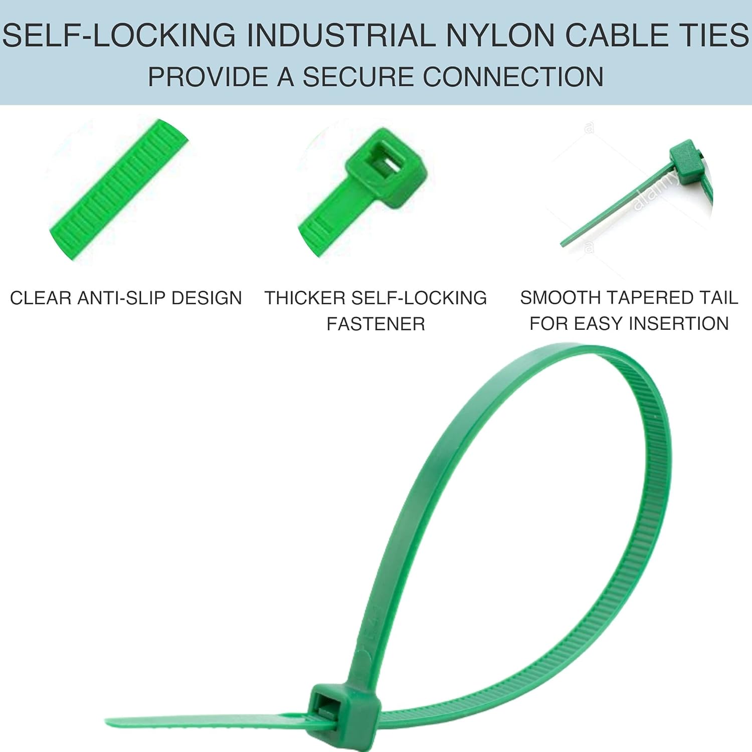 Base Electrics 200mmx4.8mm 8” Green Cable Ties x100 Extra Strong Nylon