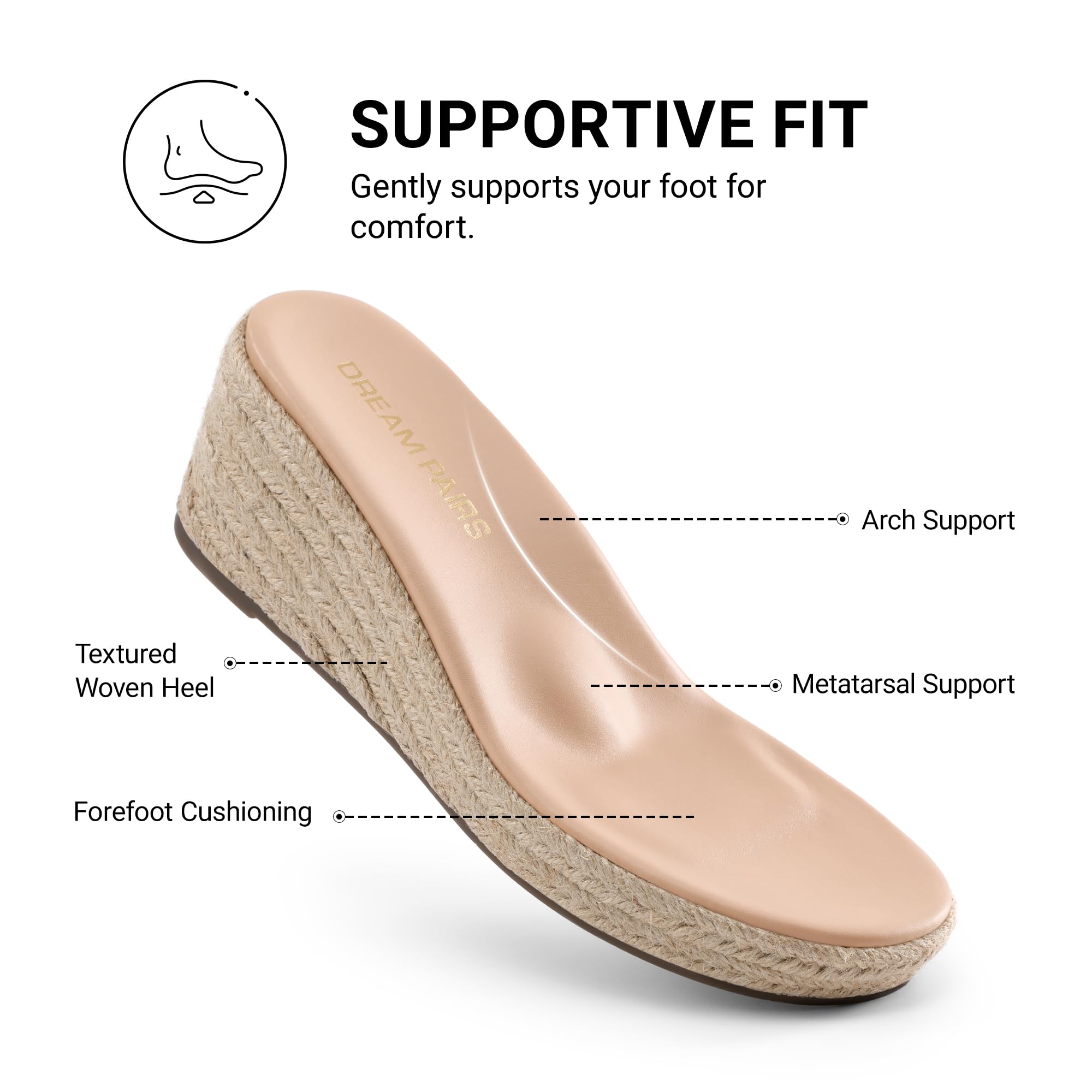 DREAM PAIRS Sandales Compensées Femme Espadrilles Confortables avec Soutien de la Voûte Plantaire, Semelle Amortissante, Bride Élastique, Style Décontracté Vacances Été