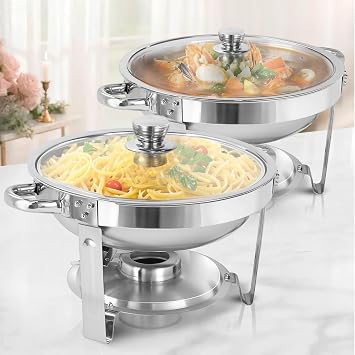 Chafing Dish Full Set, Round 5QT Stainless Steel Catering Chafer with Visible Glass Lid, Buffet Food Warmers for Parties Events Weddings, Silver, 2 Pack