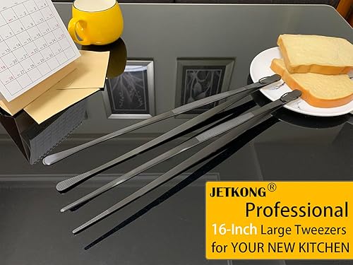 Miniatura 4 de JETKONG 2 pinzas de chapado resistentes de 16 pulgadas, pinzas finas de cocina extralargas, pinzas de cocina grandes de acero inoxidable (negro)