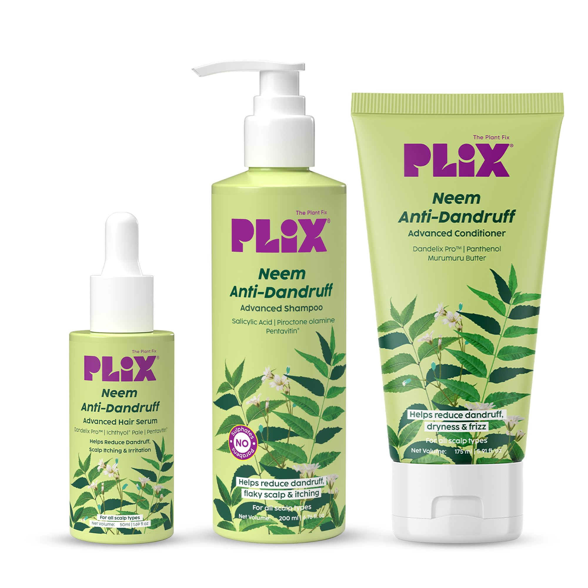 PLIX - THE PLANT FIX Neem Anti-Dandruff Advanced Kit | Shampoo (200ml), Serum (50ml), Conditioner (175ml) | Reduces Dandruff & Scalp Itching | Piractone Olamine & 3% Dandelix Pro™