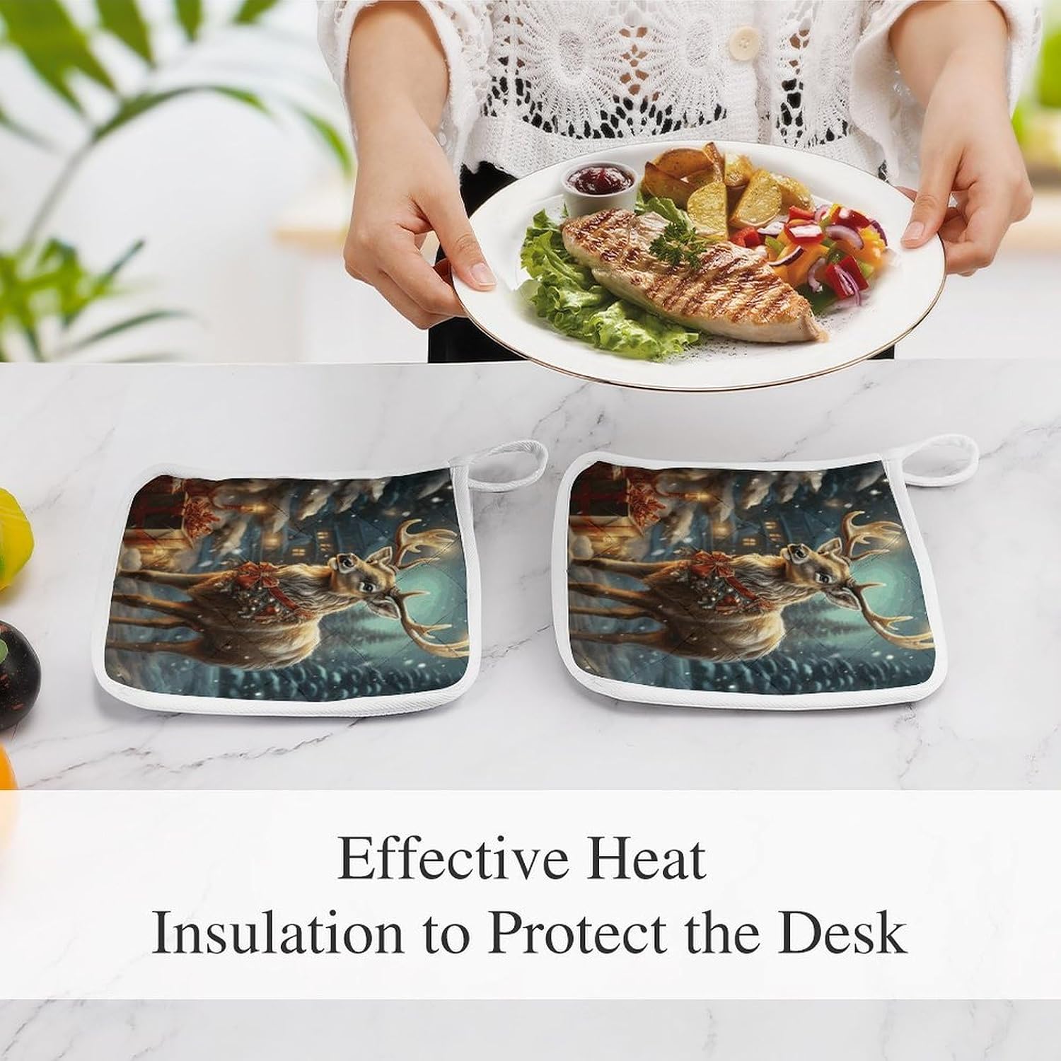 Reindeer Polyester Heat Resistant Pot Pad Non Slip Anti Scald Hot Dish Mat Reusable Table Protector for Kitchen Hot Pot Mat Wear Resistant Heat Proof Table Pad for Countertop Dining Roo
