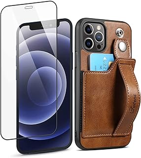 iPhone 12 Case Wallet, iPhone 12 Pro Wallet Case with Card Holder, SINIANL Leather Kickstand Card Slot Case with Screen Protector, Wrist Hand Strap Protective Cover for iPhone 12/12 Pro 6.1 inch Brown