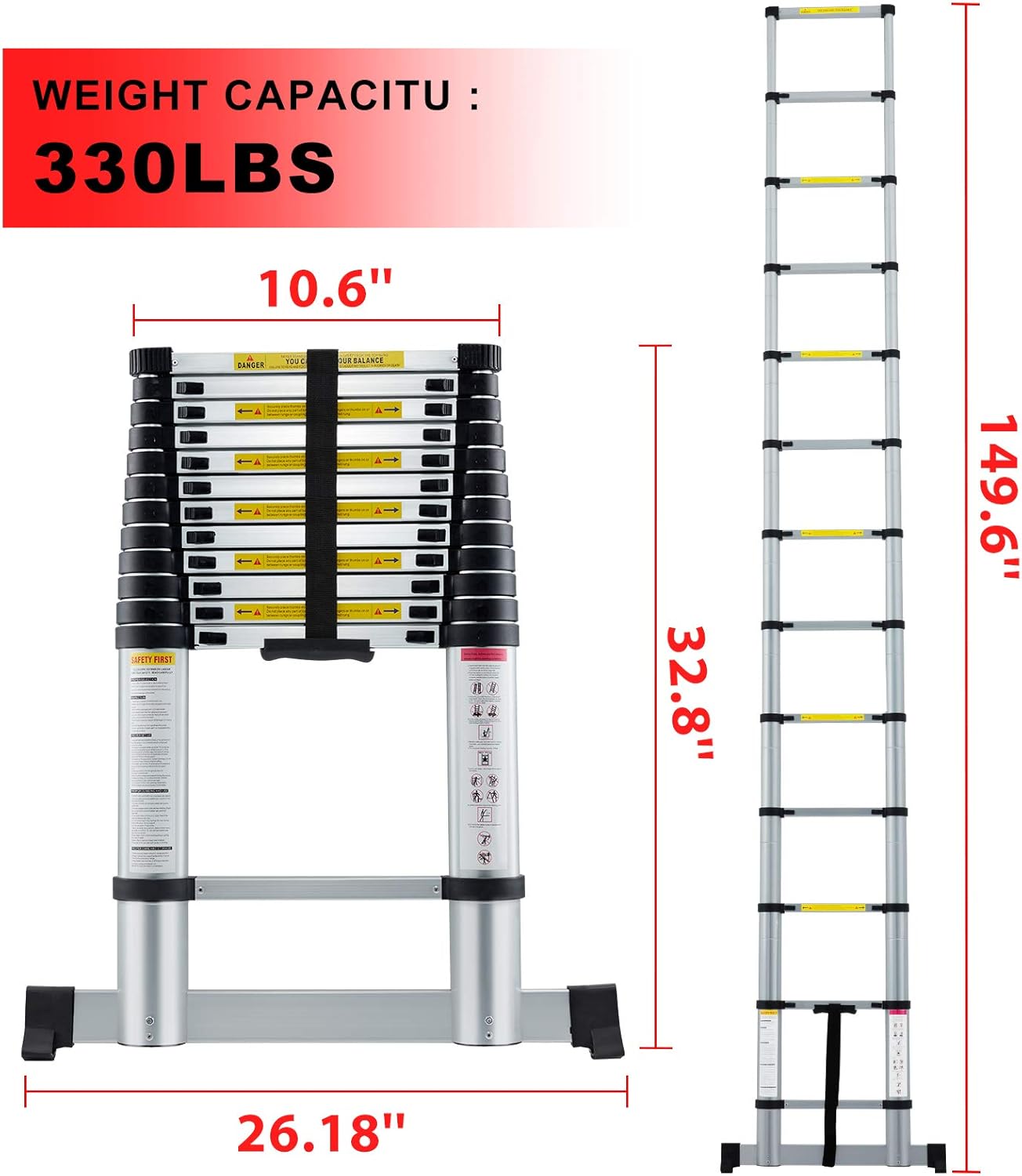 AVAWING 12.5 FT Aluminum Telescoping Ladder , Telescopic Extension Ladder with 330 Pounds Capacity - - 