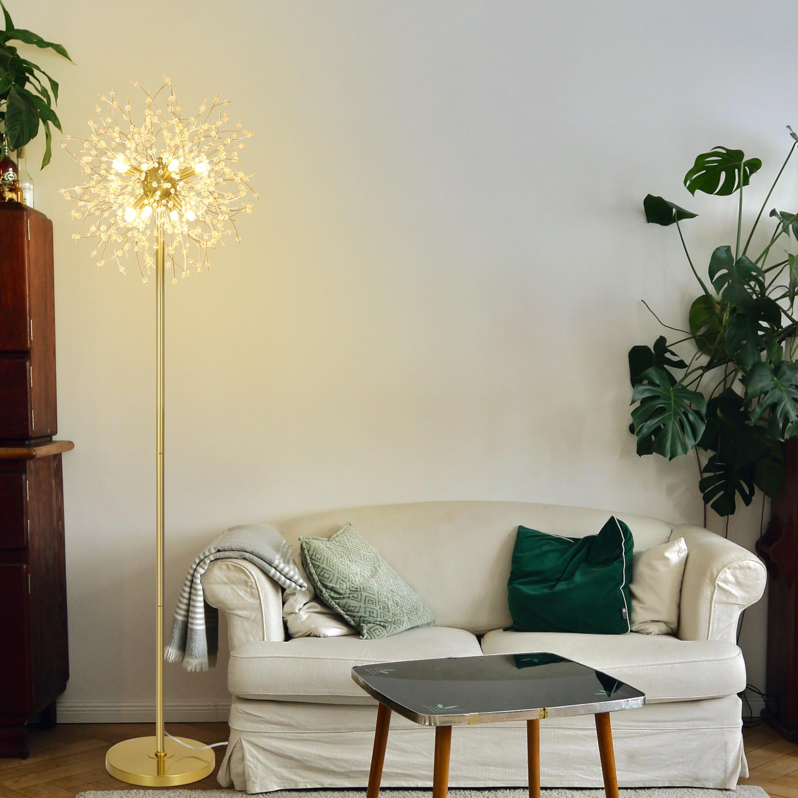 Rayofly Modern Stehlampen, Gold Feuerwerk Kristall Stehlampe Wohnzimmer, 8-Flammige Kristalle Stehlampen mit Fußschalter, Hohe 172CM, Glas Metall Stehleuchte, Golden Stehlampe für Schlafzimmer