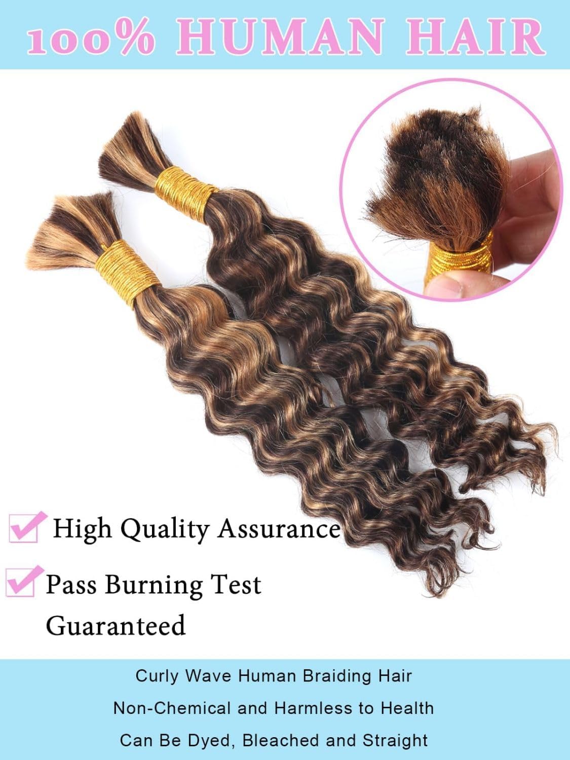 Sexycat Deep Curly Human Braiding Hair for Boho Braids 2 Bundles 22 Inch 100g,#4/30 Ombre Brown Water Wave Bulk Human Hair for Micro Braiding Wet and Wavy Human Hair Extensions - Image 3