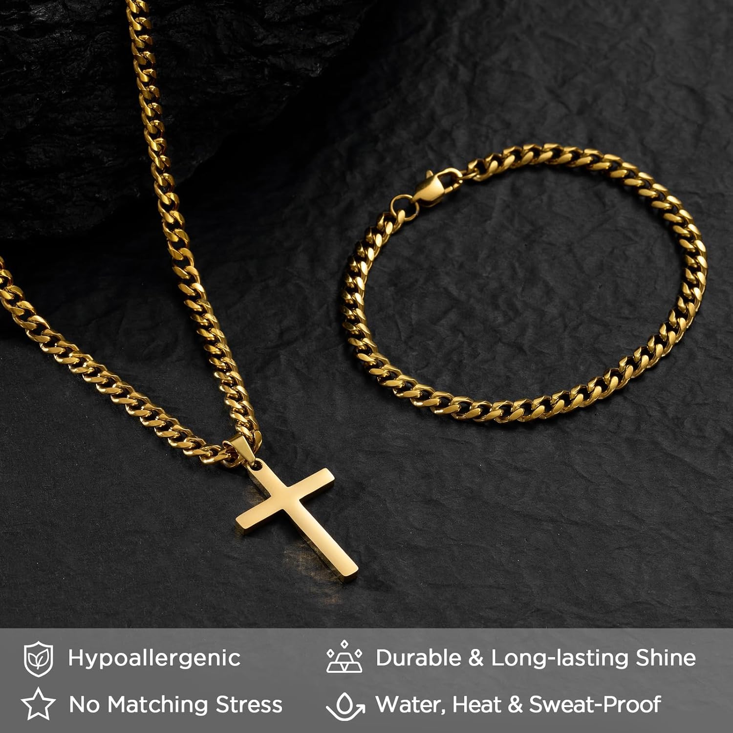 NORBU Stainless Steel Cross Necklace and Bracelet Set for Men, Cuban Link/Wheat/Figaro/Box Chains 20" Length, Bracelet 7 1/2" and 8" Length, No Tarnish & Durable Mens Religious Gift - Image 2