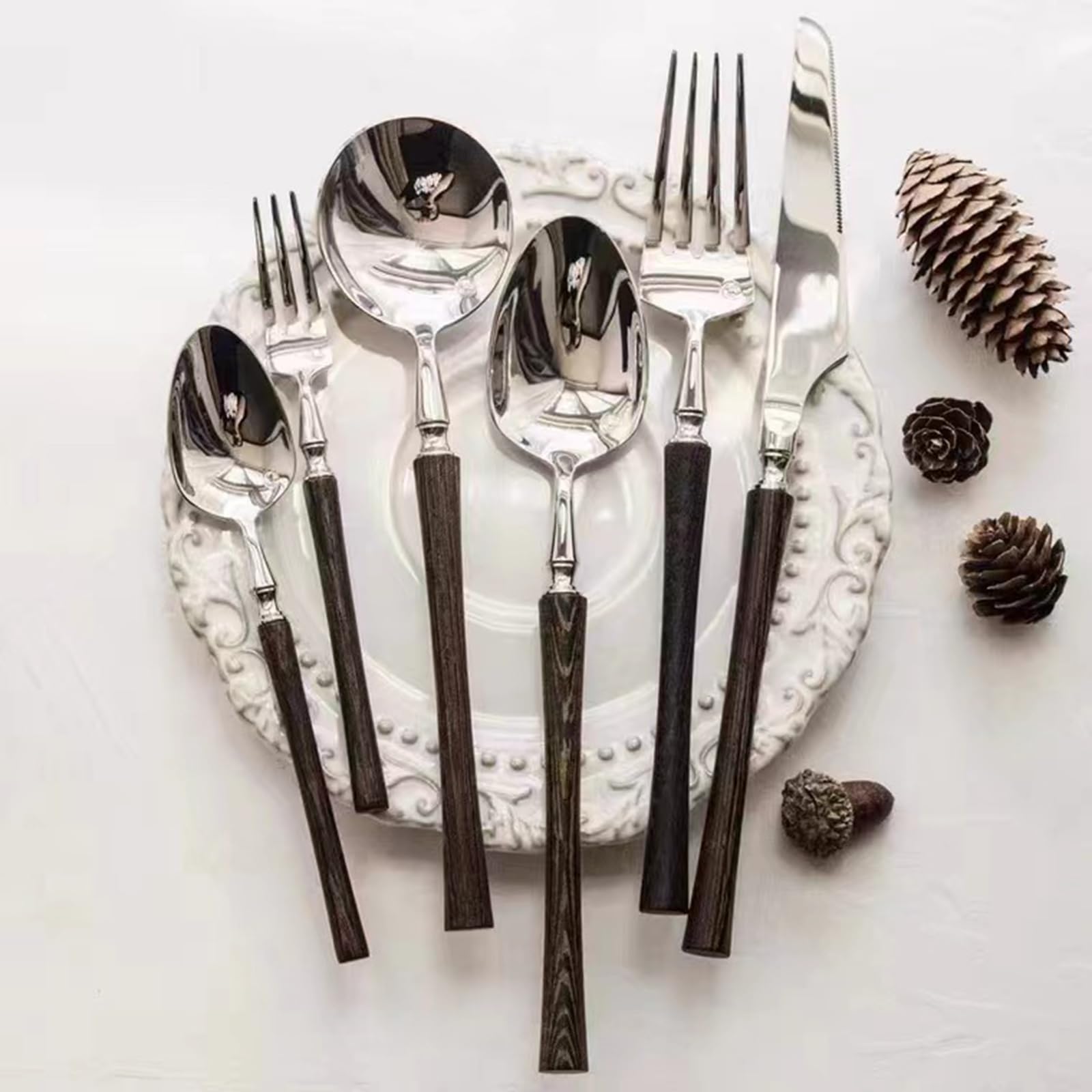 Juego De Cubiertos De Acero Inoxidable De 18 Pulgadas para 4 Personas, Juego De Cubiertos con Mango De Madera Que Incluye Cuchillos, Tenedores Y Silver Silverware Set for 4