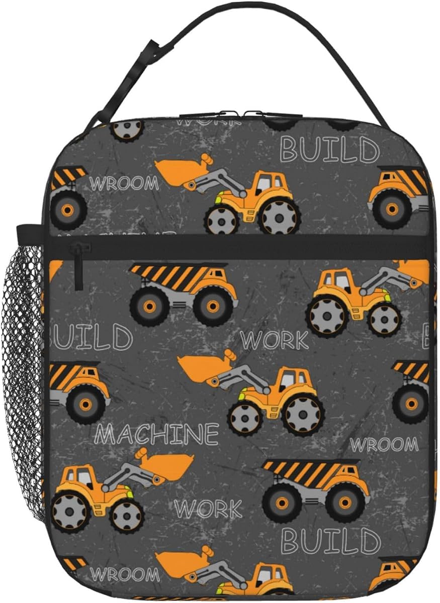 Truck Insulated Lunch Bag,Kids Reusable Lunch Box for Girls Boys Teens | Reusable Lightweight Waterproof Large Capacity with Water Bottle Holder Buckle Handle Double Zippers For School Work Picnic