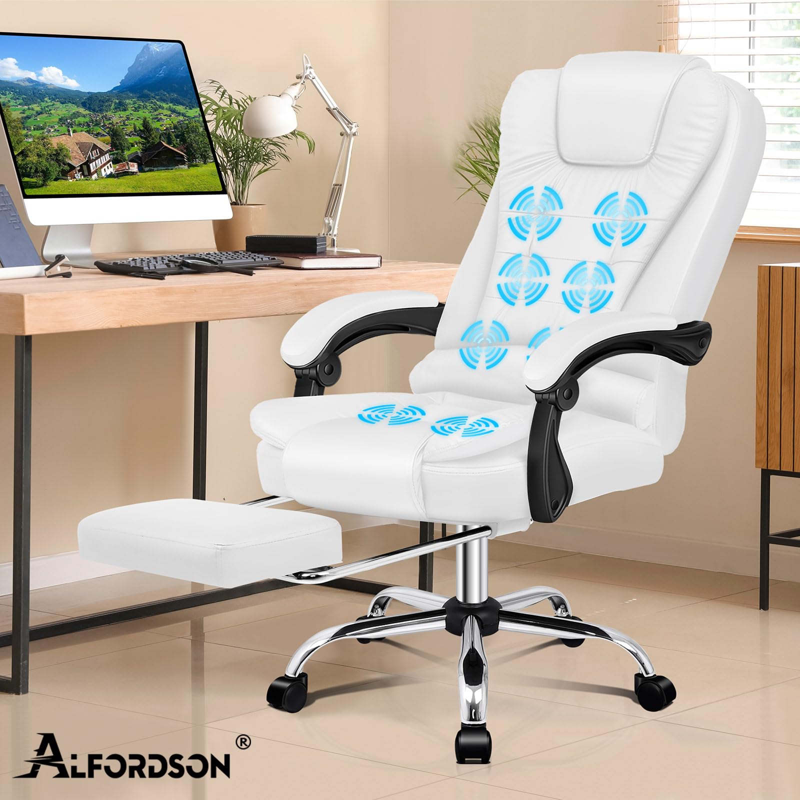 ALFORDSON Chaise de bureau ergonomique, Fauteuil avec fonction de massage thermique, chaise d'ordinateur en cuir PU avec accoudoirs rembourrés et appui-tête souple, chaise pivotante à roulettes, Blanc
