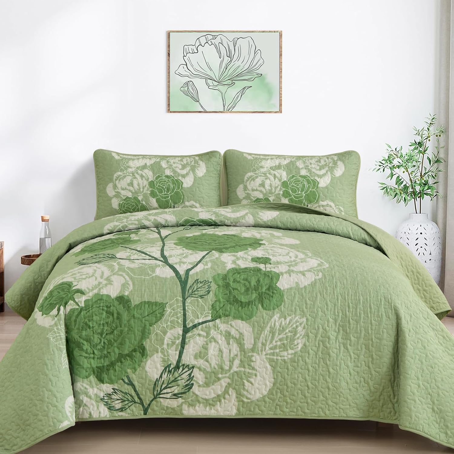 Anibedding Floral Quilt Set King Size, Sage Green Floral Printed Bedspread Coverlet 3 Pieces Soft Microfiber Bedding Set with 2 Pillowcases for All Season(104"×90")