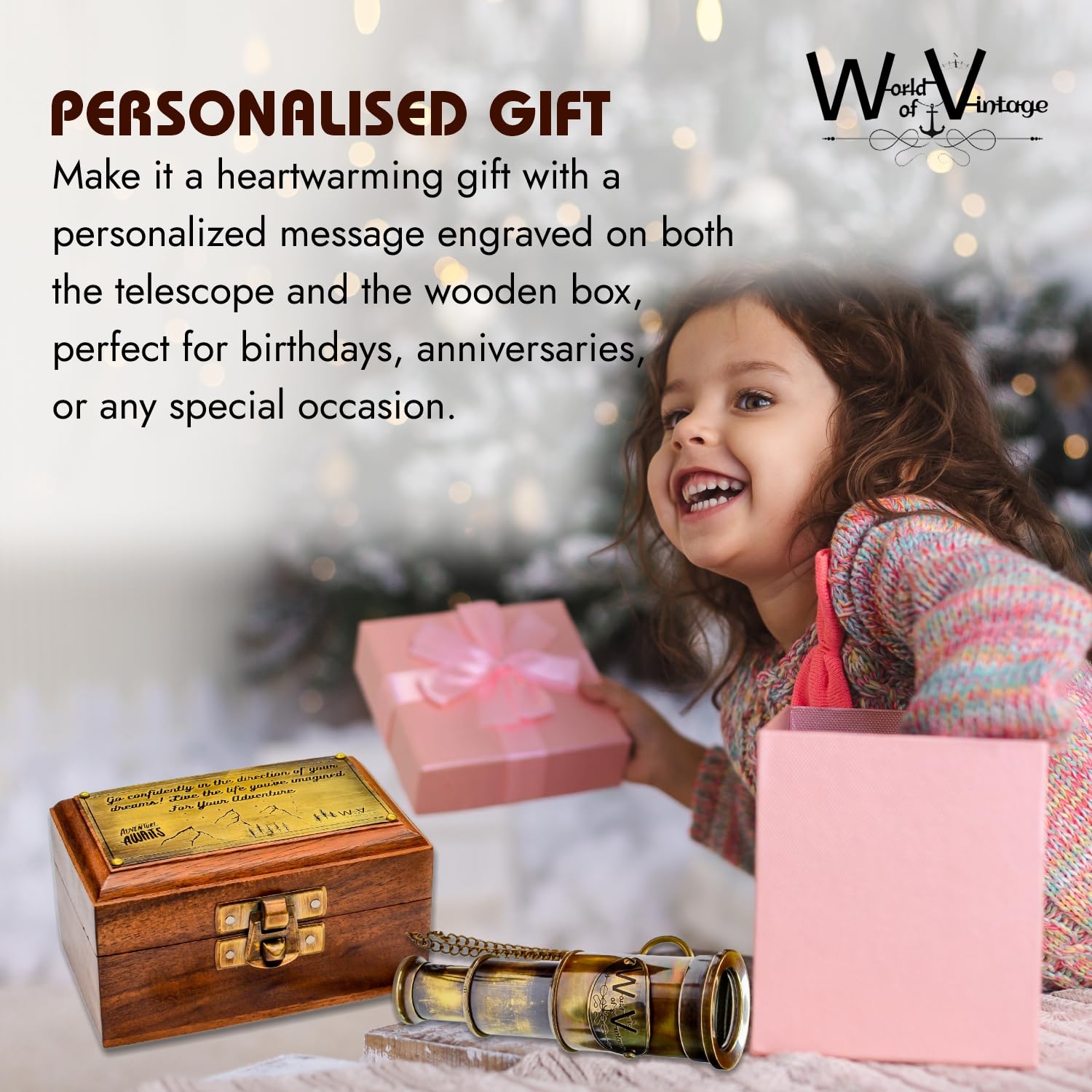 World Of Vintage Personalized Brass Telescope with Wooden Box - 5 Inch, 5X Zoom | Free Customizable with Personal Message & Attached Chain for Enhanced Grip | Personalized Gift | Inspiration Quotes 3