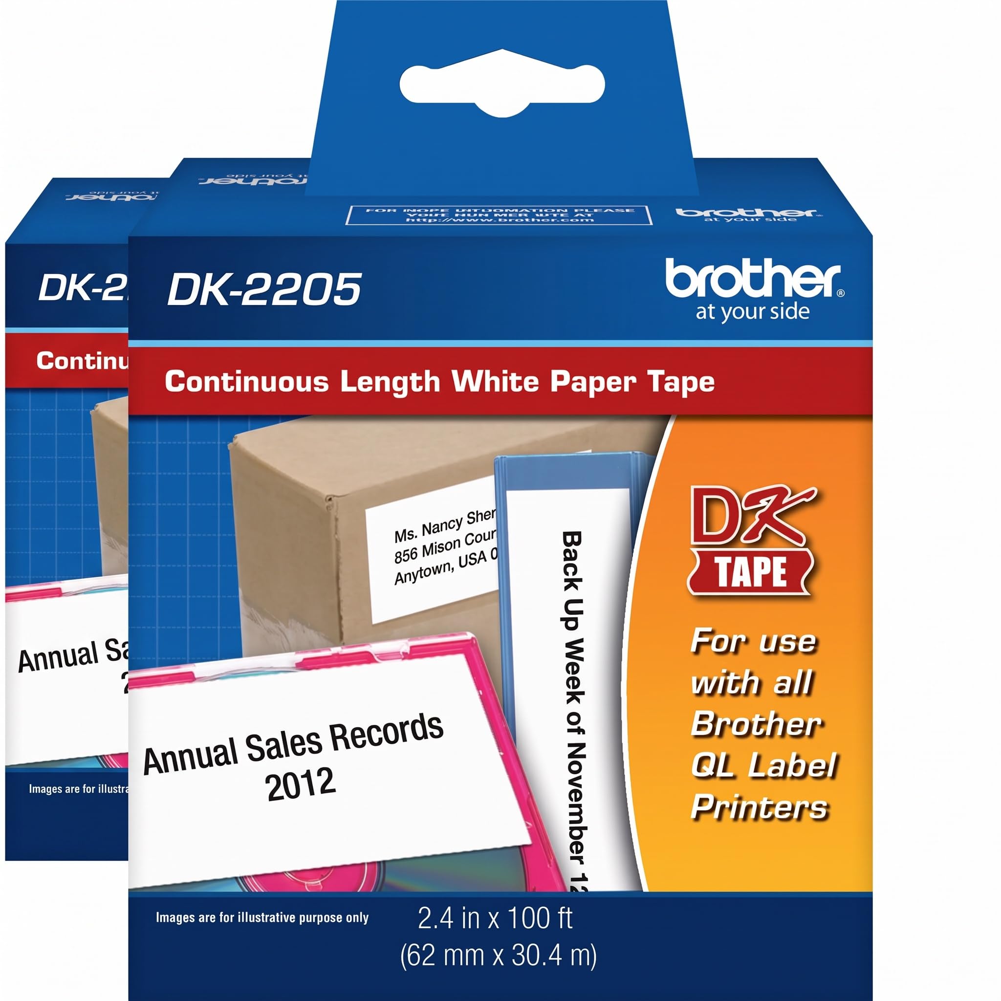 Brother Genuine, DK-2205 Continuous Paper Label Roll, Cut-to-Length Label, 2.4” x 100 Feet, (1) Roll Per Box (Pack of 2)