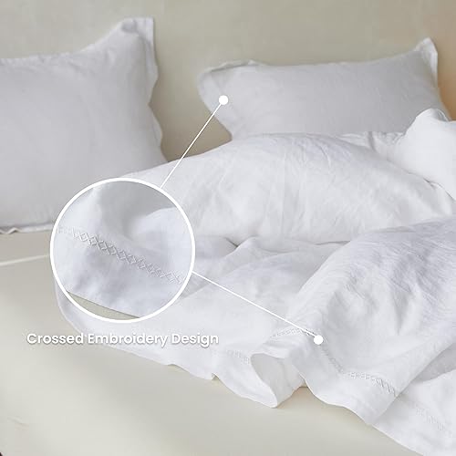 Miniatura 3 de Simple&Opulence - Juego de funda de edredón 100 % lino con bordado en cruz, estilo alquería, 3 piezas (1 funda de edredón y 2 fundas decorativas de