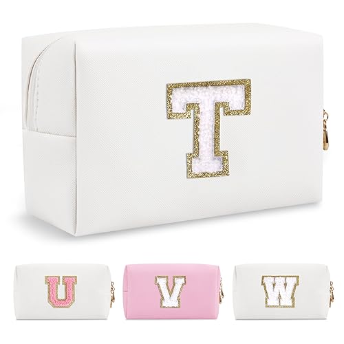 Pequeña bolsa de maquillaje personalizada con inicial A-Z Preppy Patch, bolsa de cosméticos de viaje con cremallera, bonita bolsa de aseo personal,