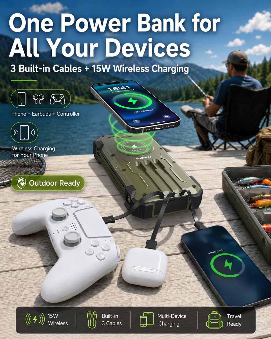 Sudrov Banco de energía solar de 20000 mAh, cargador inalámbrico, regalos para hombres y padres, carga rápida de 15 W, 4 cables integrados, entrada/salida USB-C, cargador solar para iPad, Samsung