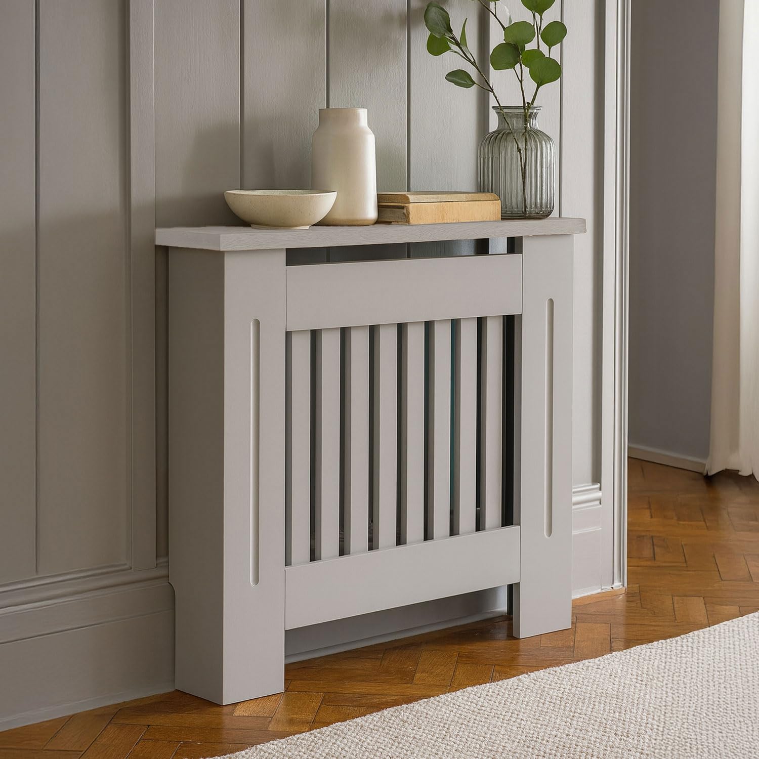 Neo Grey Decorative Radiator Cover Cabinet Wood Panel Slatted Front Compact Heater Design Console Table (Small H83.3 x W78 x D19 cm)