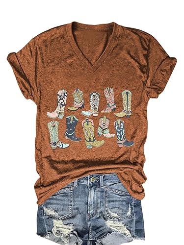 Western Country Shirt for Women Cowgirl Cartoon Boots V Neck