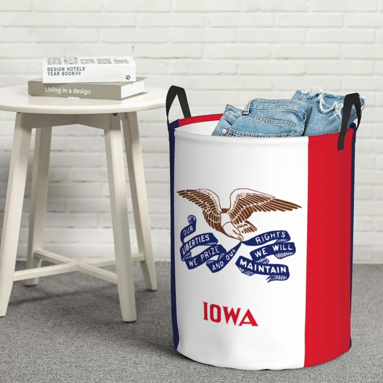 Portable storage basket with handle, Iowa state flag bedroom clothes laundry basket, round single layer laundry basket