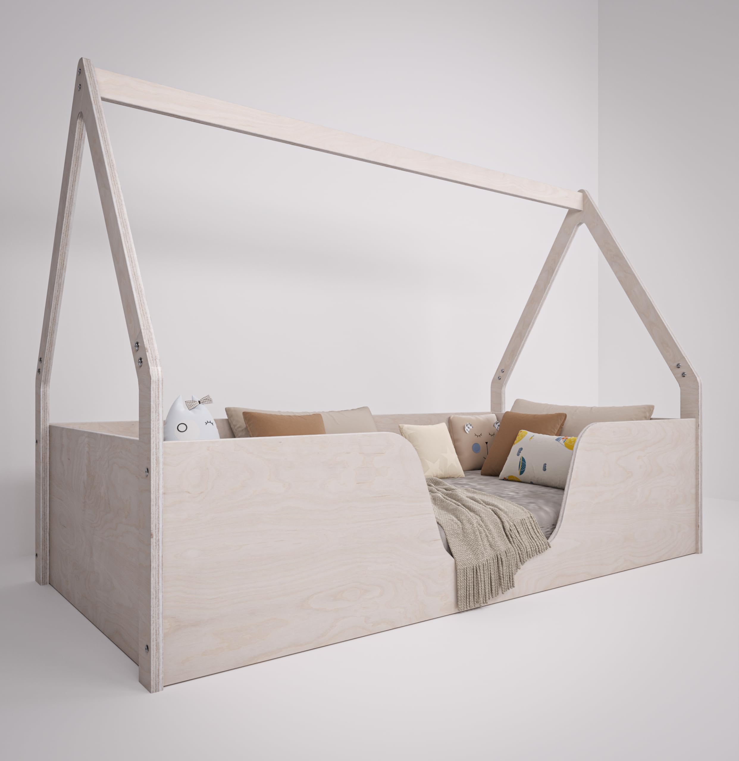 OSONO | Nido Fort S Hausbett Kinder 120x200 cm aus Naturholz | Montessori Bodenbett mit Rausfallschutz & Lattenrost | Kinderbett im skandinavischen Stil