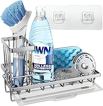 Rustproof Stainless Steel Sink Organizer with Drain Tray – Kitchen & Wash Basin Soap Stand, Adhesive Wall Mount Sponge Holder, Brush and Cup Storage Rack (Silver, Small)