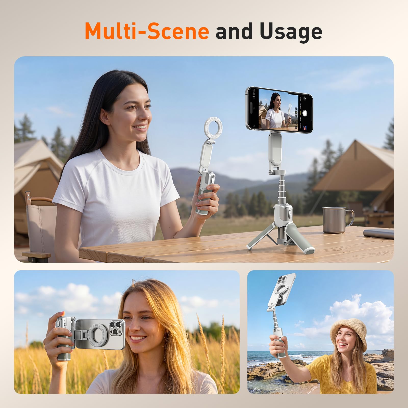 AMAZEAR Treppiede smartphone (4 in 1), Selfie stick magnetico multifunzionale per iPhone, Impugnatura portatile per smartphone con telecomando Bluetooth rimovibile e zoom regolabile per foto, Bianco