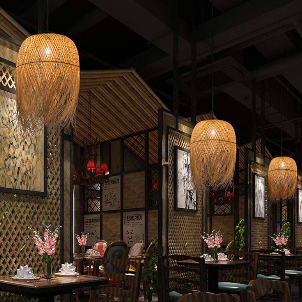 Bambusowa lampa wisząca w stylu vintage, pleciona, ręcznie wykonana, rattanowa, kreatywna lampa z regulacją wysokości, gniazdo E27, do restauracji, pijalni herbaty, kawiarni, do salonu, 62 x 45 cm
